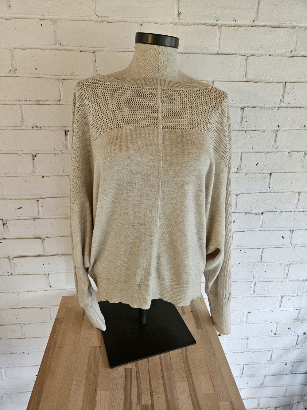 RW&CO. Open Stitch, Textured Yoke Batwing Sweater in Light Beige